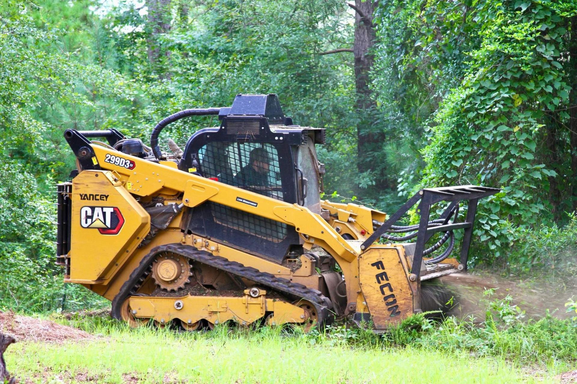 Cat 299D3 skid steer with Fecon mulcher clearing underbrush on a Middle Georgia property